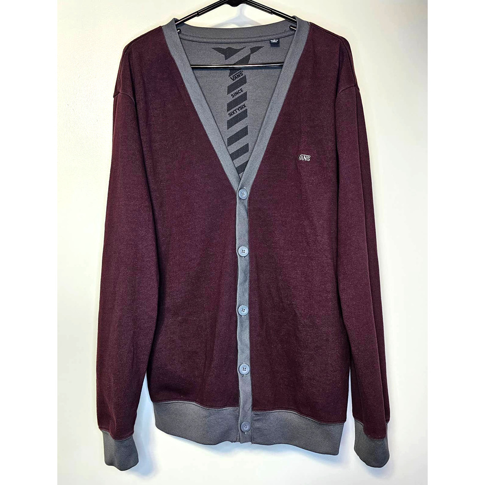 Vans Maroon V-Neck Academia Colorblock Button Front Cardigan Sweater Mens Lg
